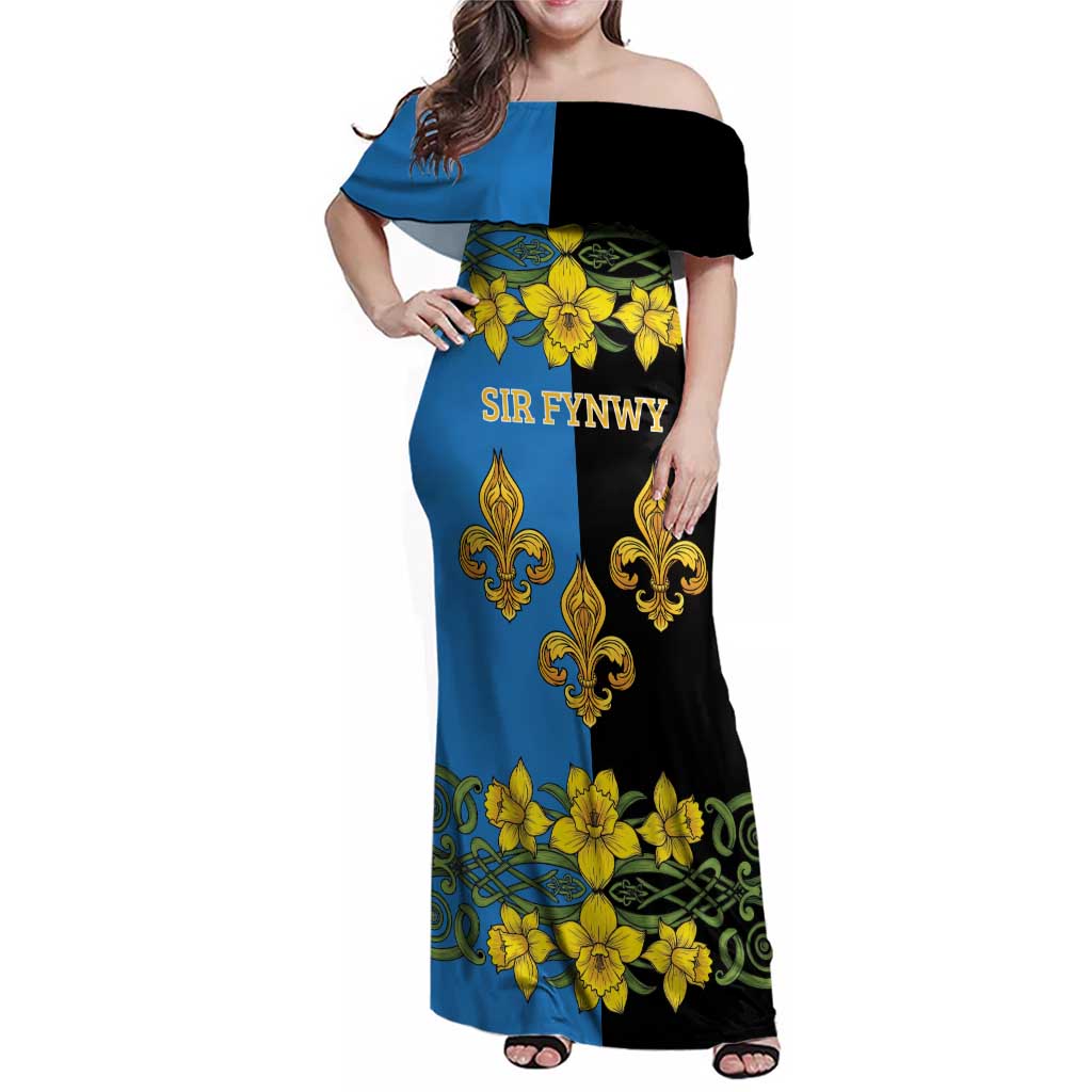 Personalized Monmouthshire Wales Family Matching Off Shoulder Maxi Dress and Hawaiian Shirt Sir Fynwy Flag With Welsh Daffodil - Wonder Print Shop