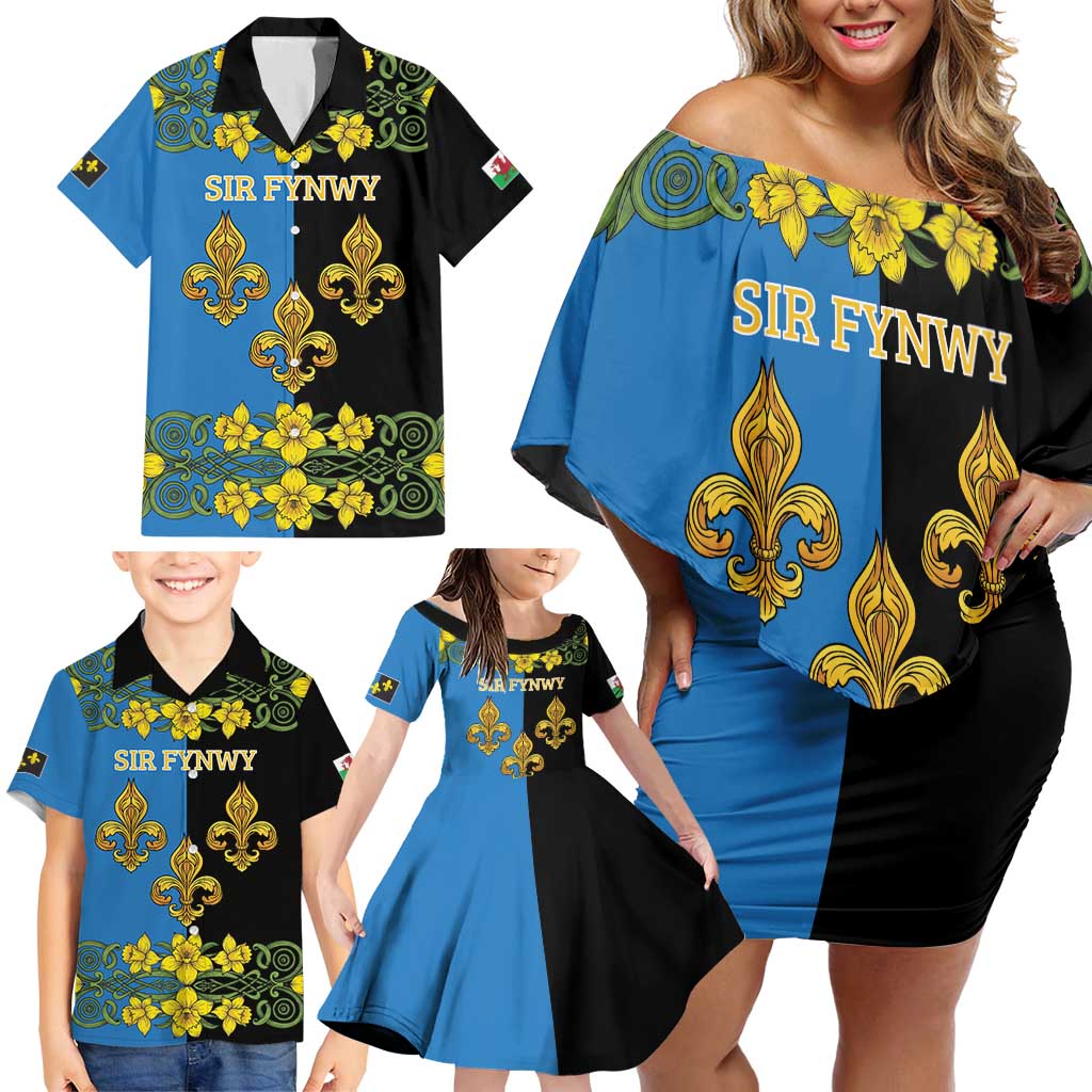 Personalized Monmouthshire Wales Family Matching Off Shoulder Short Dress and Hawaiian Shirt Sir Fynwy Flag With Welsh Daffodil - Wonder Print Shop