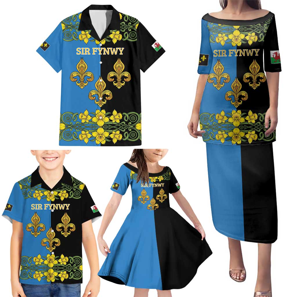 Personalized Monmouthshire Wales Family Matching Puletasi and Hawaiian Shirt Sir Fynwy Flag With Welsh Daffodil - Wonder Print Shop