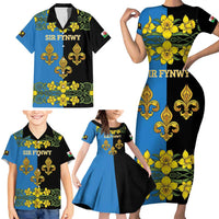 Personalized Monmouthshire Wales Family Matching Short Sleeve Bodycon Dress and Hawaiian Shirt Sir Fynwy Flag With Welsh Daffodil - Wonder Print Shop