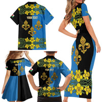 Personalized Monmouthshire Wales Family Matching Short Sleeve Bodycon Dress and Hawaiian Shirt Sir Fynwy Flag With Welsh Daffodil - Wonder Print Shop