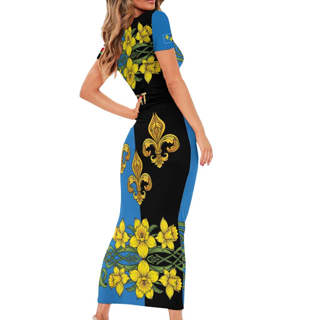 Personalized Monmouthshire Wales Family Matching Short Sleeve Bodycon Dress and Hawaiian Shirt Sir Fynwy Flag With Welsh Daffodil - Wonder Print Shop