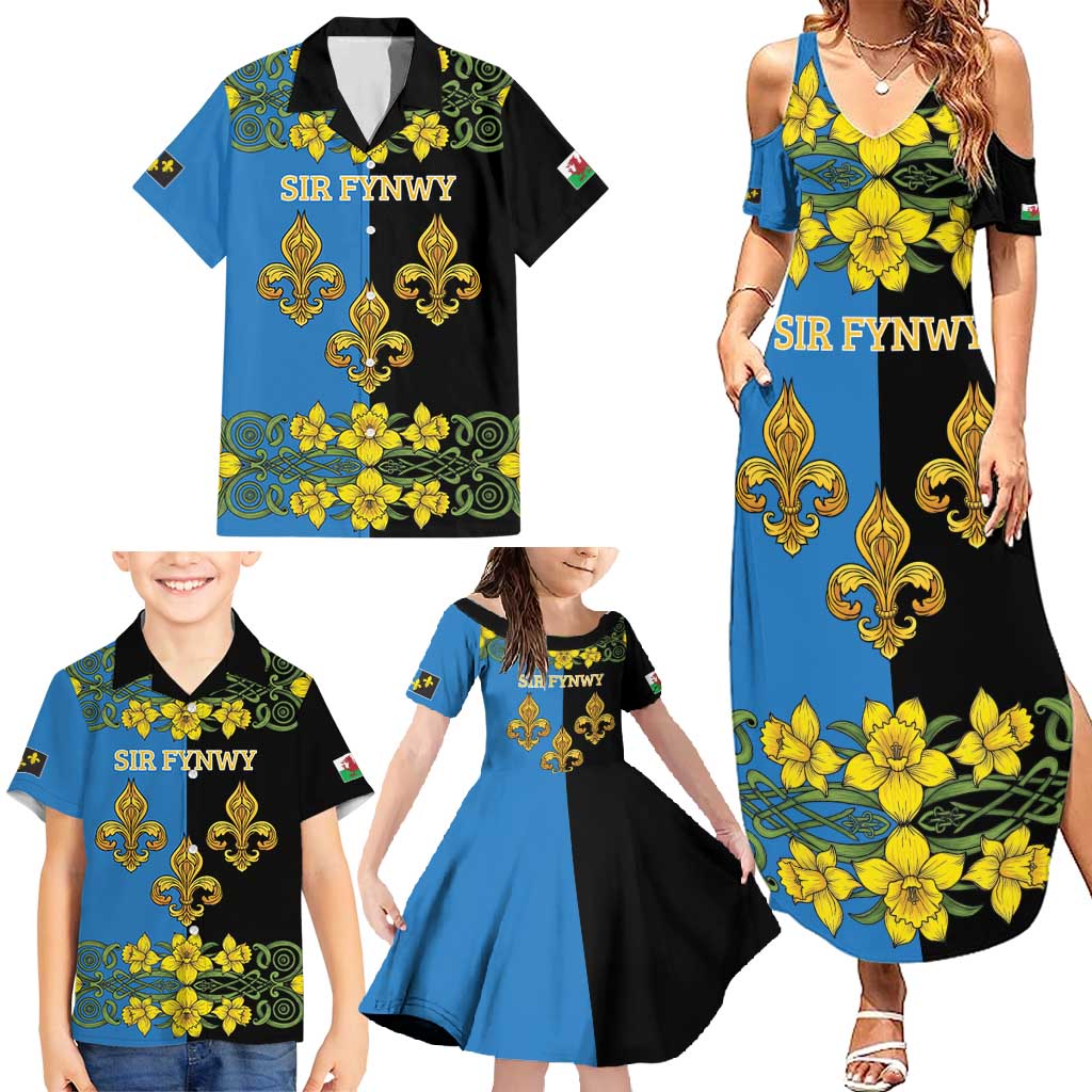 Personalized Monmouthshire Wales Family Matching Summer Maxi Dress and Hawaiian Shirt Sir Fynwy Flag With Welsh Daffodil - Wonder Print Shop
