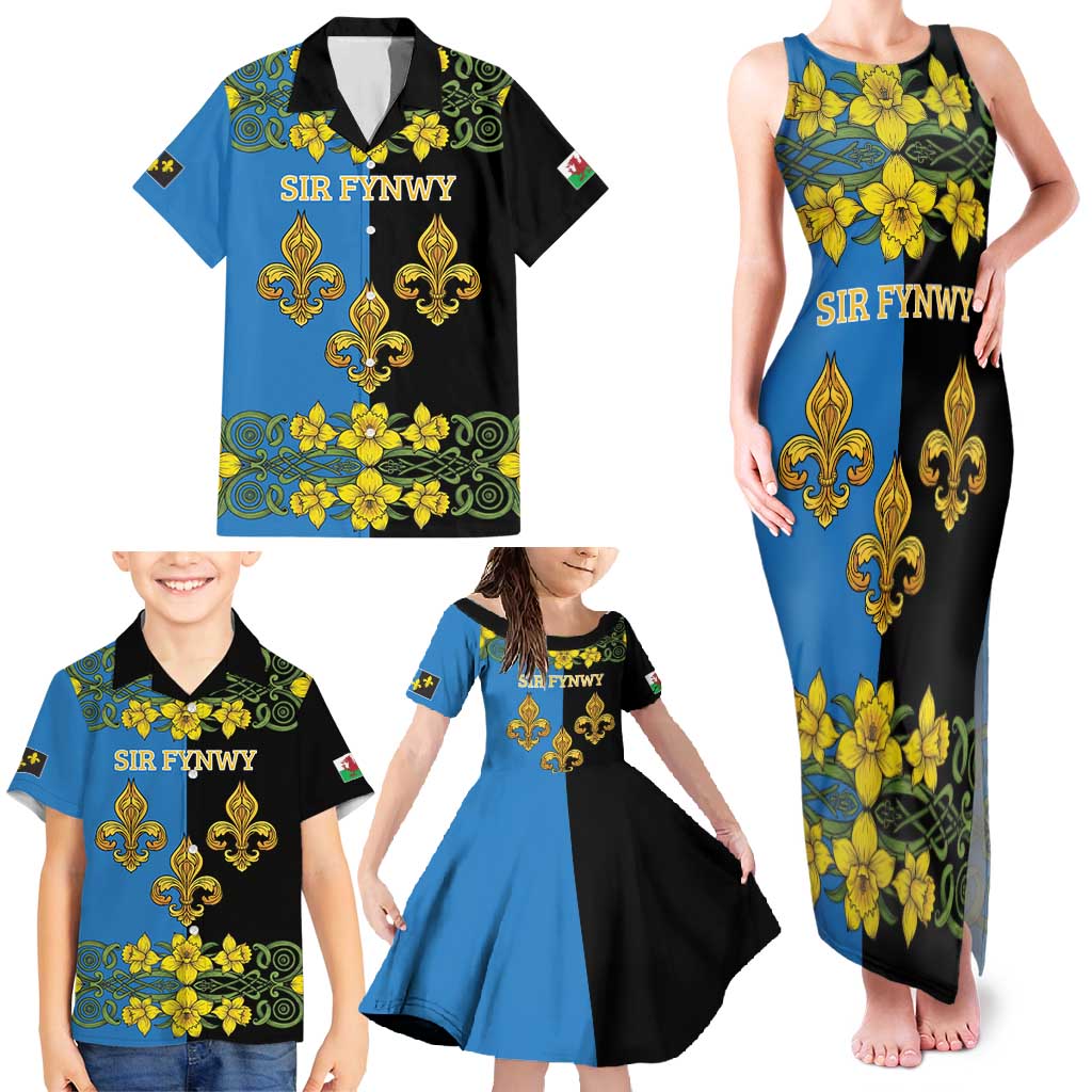 Personalized Monmouthshire Wales Family Matching Tank Maxi Dress and Hawaiian Shirt Sir Fynwy Flag With Welsh Daffodil - Wonder Print Shop