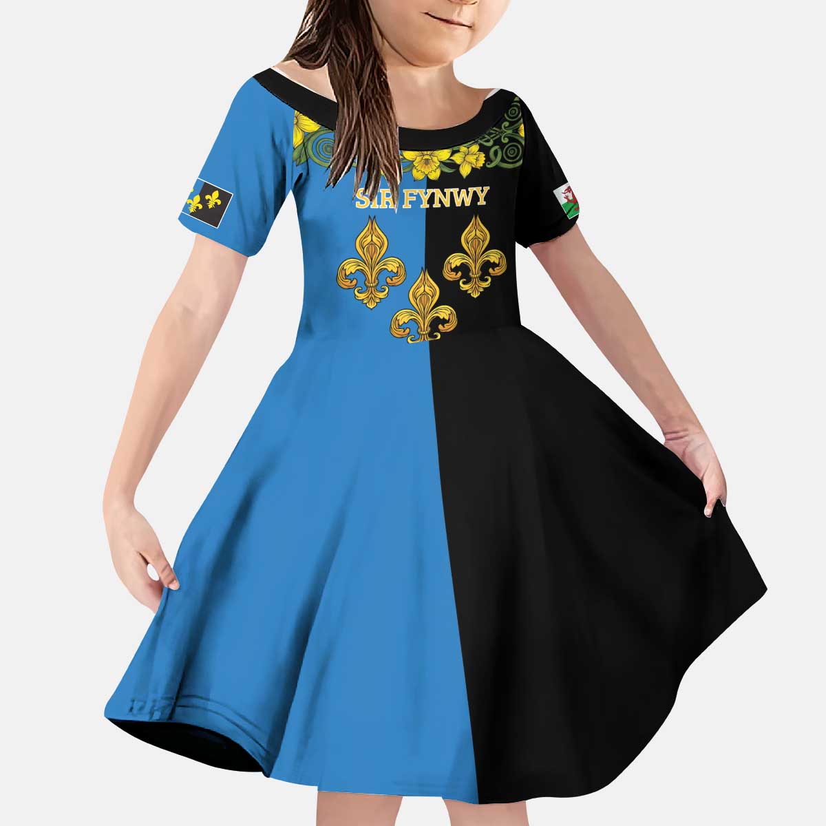 Personalized Monmouthshire Wales Kid Short Sleeve Dress Sir Fynwy Flag With Welsh Daffodil - Wonder Print Shop