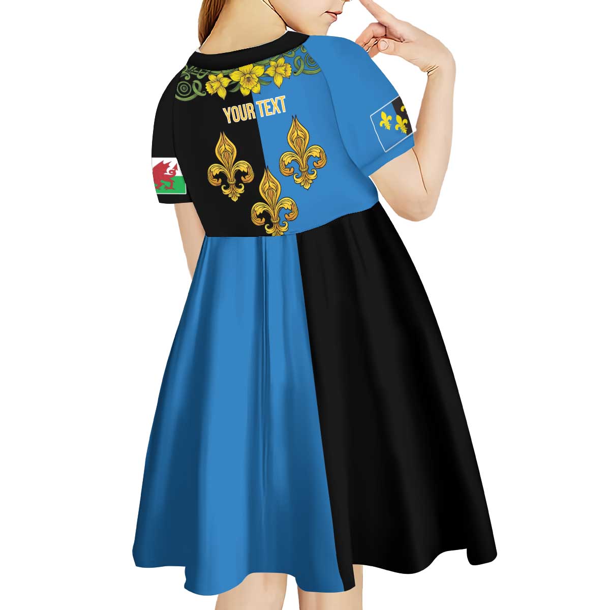 Personalized Monmouthshire Wales Kid Short Sleeve Dress Sir Fynwy Flag With Welsh Daffodil - Wonder Print Shop