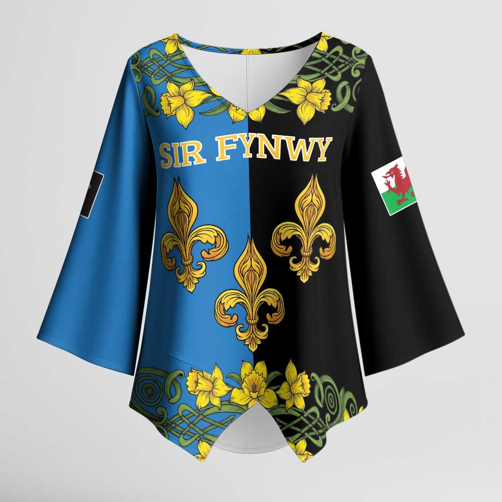 Personalized Monmouthshire Wales Kimono Sleeve Blouse Sir Fynwy Flag With Welsh Daffodil - Wonder Print Shop