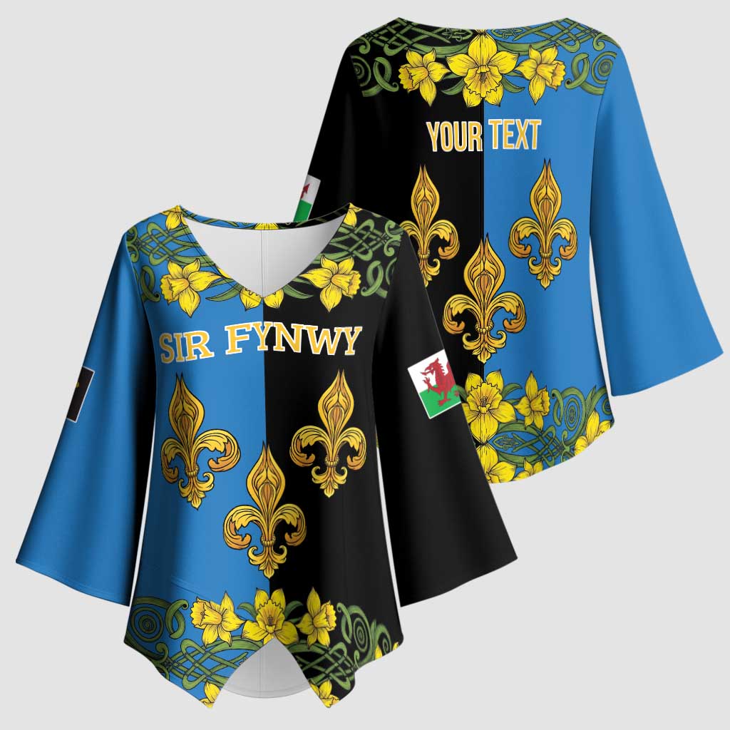 Personalized Monmouthshire Wales Kimono Sleeve Blouse Sir Fynwy Flag With Welsh Daffodil - Wonder Print Shop