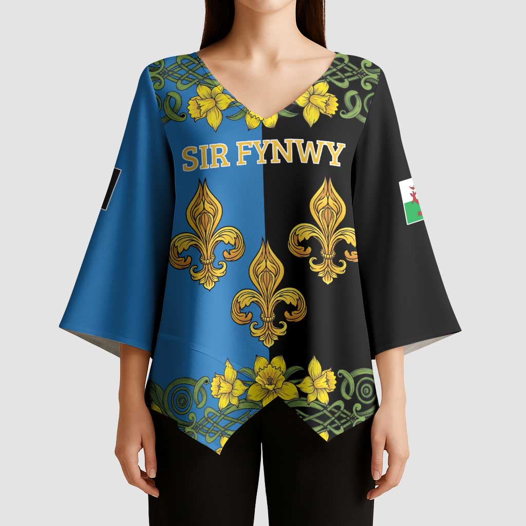 Personalized Monmouthshire Wales Kimono Sleeve Blouse Sir Fynwy Flag With Welsh Daffodil - Wonder Print Shop