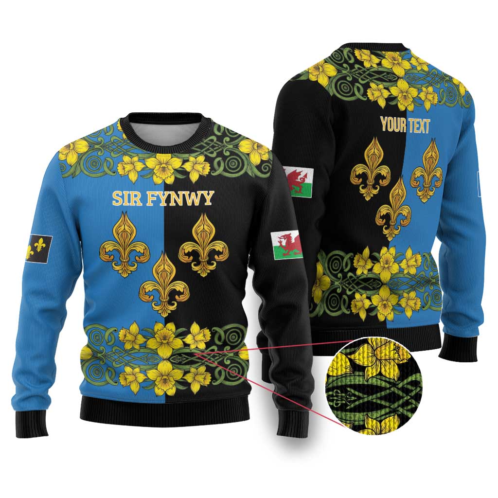Personalized Monmouthshire Wales Ugly Christmas Sweater Sir Fynwy Flag With Welsh Daffodil - Wonder Print Shop