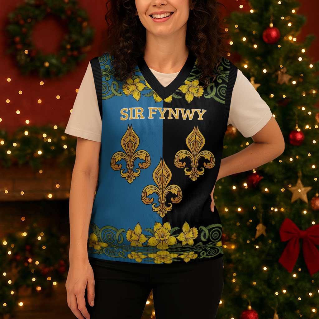 Personalized Monmouthshire Wales Christmas Knitted V-Neck Vest Sir Fynwy Flag With Welsh Daffodil - Wonder Print Shop