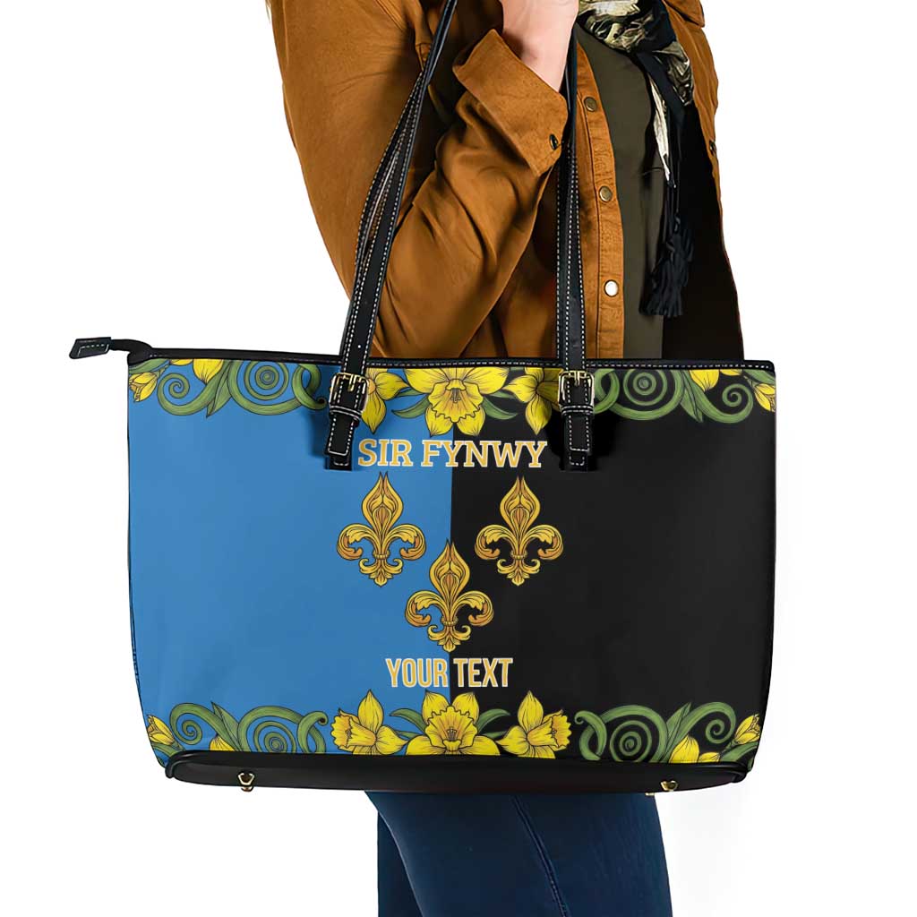 Personalized Monmouthshire Wales Leather Tote Bag Sir Fynwy Flag With Welsh Daffodil - Wonder Print Shop