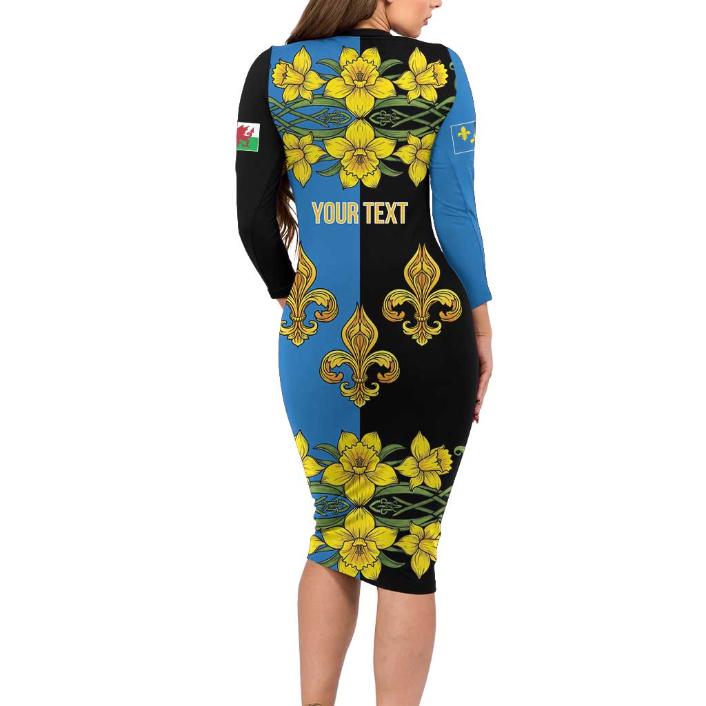 Personalized Monmouthshire Wales Long Sleeve Bodycon Dress Sir Fynwy Flag With Welsh Daffodil - Wonder Print Shop