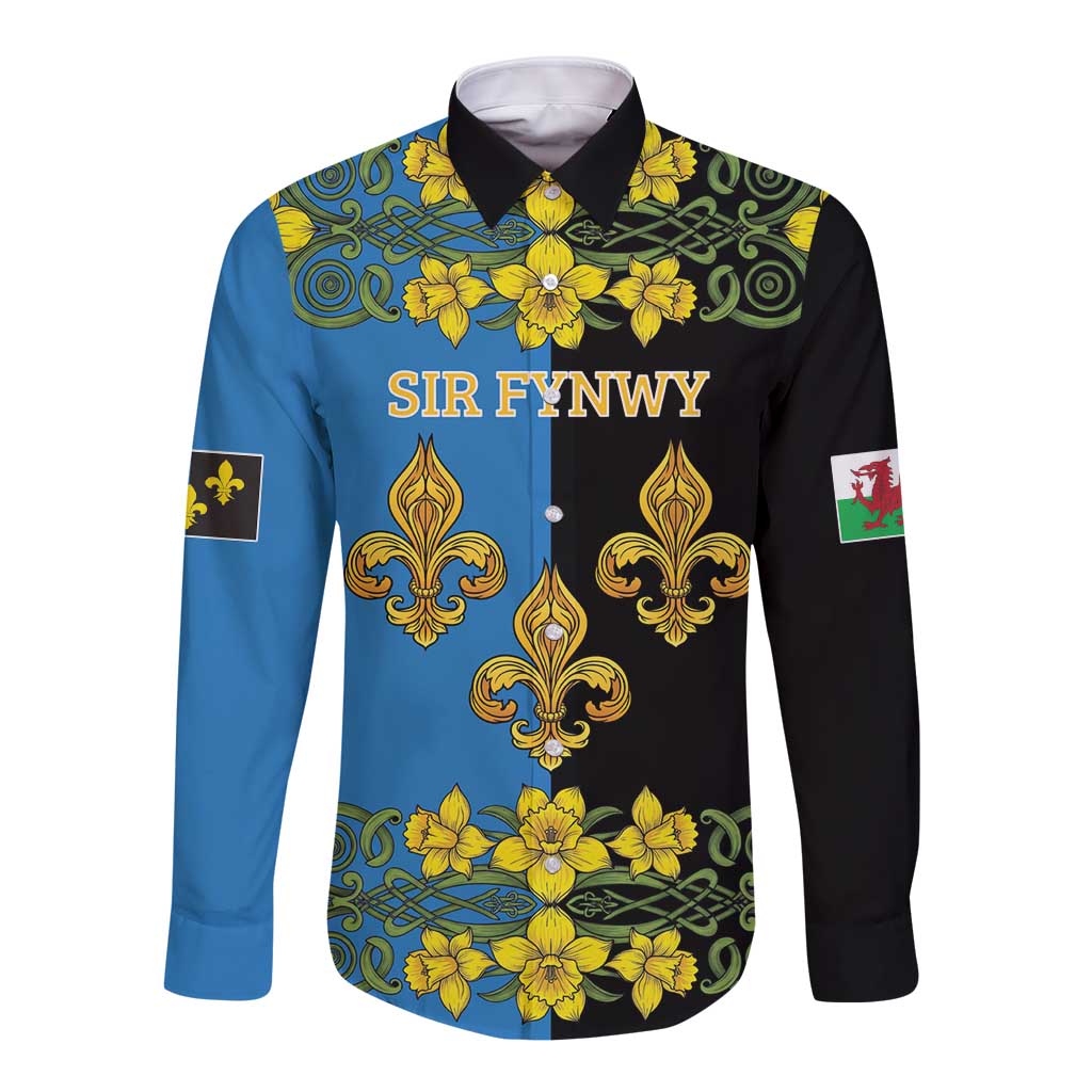 Personalized Monmouthshire Wales Long Sleeve Button Shirt Sir Fynwy Flag With Welsh Daffodil - Wonder Print Shop