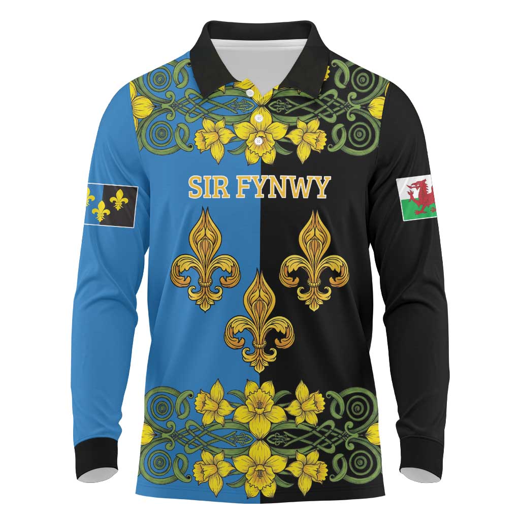 Personalized Monmouthshire Wales Long Sleeve Polo Shirt Sir Fynwy Flag With Welsh Daffodil - Wonder Print Shop