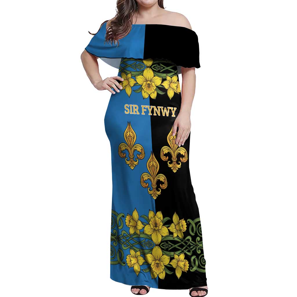 Personalized Monmouthshire Wales Off Shoulder Maxi Dress Sir Fynwy Flag With Welsh Daffodil - Wonder Print Shop