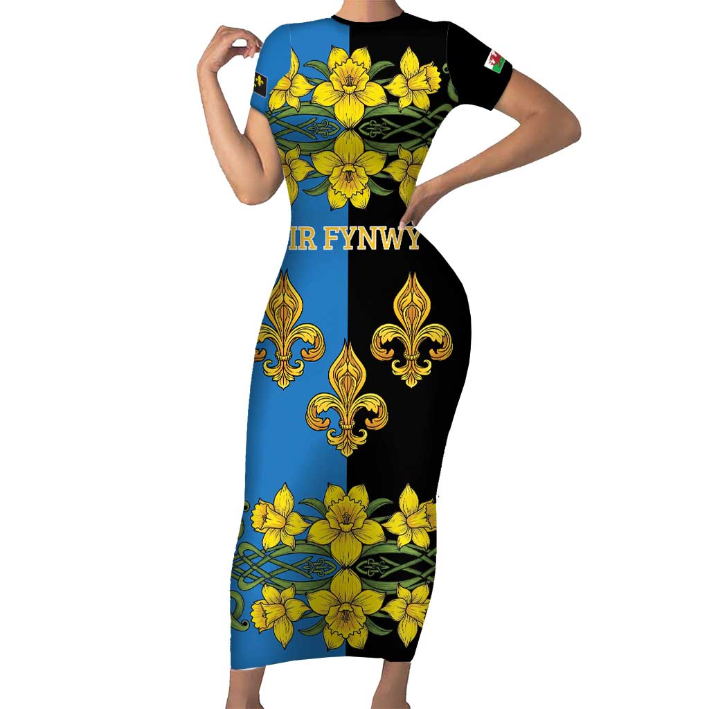 Personalized Monmouthshire Wales Short Sleeve Bodycon Dress Sir Fynwy Flag With Welsh Daffodil - Wonder Print Shop