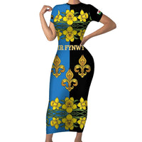 Personalized Monmouthshire Wales Short Sleeve Bodycon Dress Sir Fynwy Flag With Welsh Daffodil - Wonder Print Shop