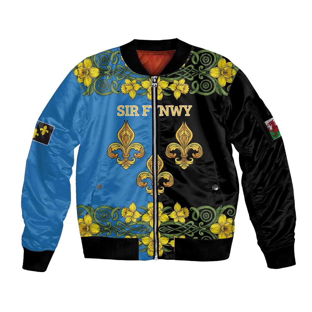 Personalized Monmouthshire Wales Sleeve Zip Bomber Jacket Sir Fynwy Flag With Welsh Daffodil - Wonder Print Shop