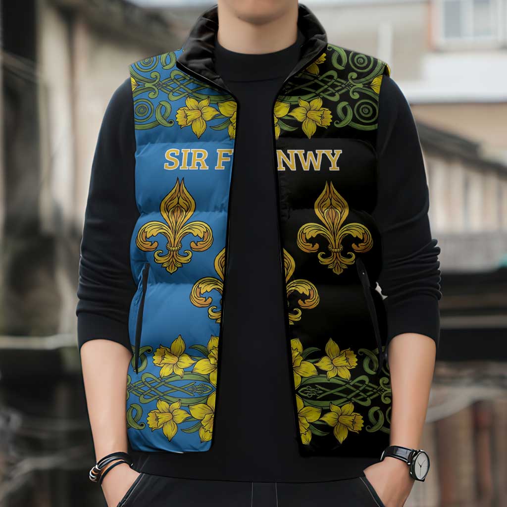 Personalized Monmouthshire Wales Sleeveless Puffer Jacket Sir Fynwy Flag With Welsh Daffodil - Wonder Print Shop