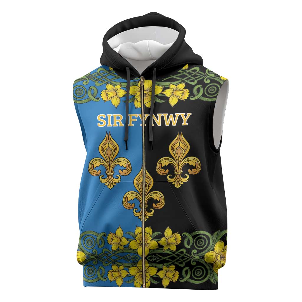 Personalized Monmouthshire Wales Sleeveless Zip Hoodie Sir Fynwy Flag With Welsh Daffodil - Wonder Print Shop