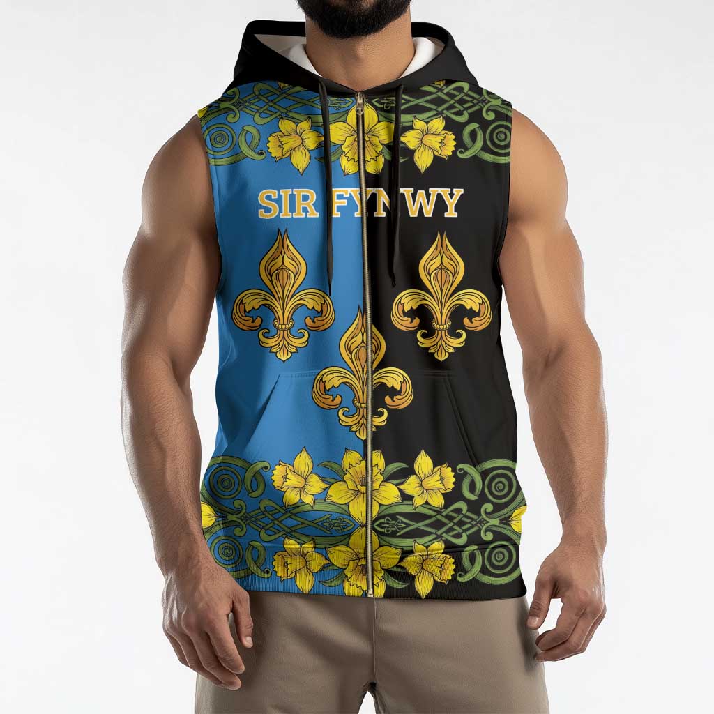 Personalized Monmouthshire Wales Sleeveless Zip Hoodie Sir Fynwy Flag With Welsh Daffodil - Wonder Print Shop