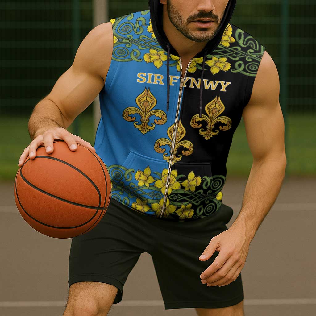 Personalized Monmouthshire Wales Sleeveless Zip Hoodie Sir Fynwy Flag With Welsh Daffodil - Wonder Print Shop