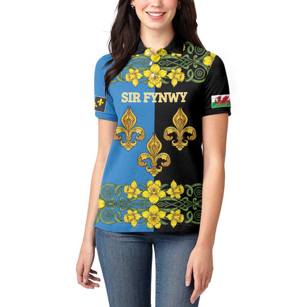 Personalized Monmouthshire Wales Women Polo Shirt Sir Fynwy Flag With Welsh Daffodil - Wonder Print Shop
