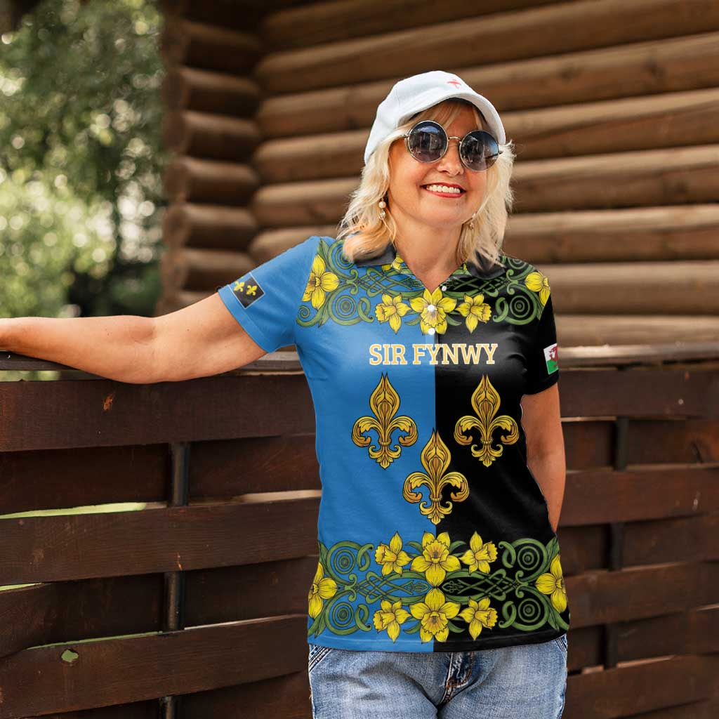 Personalized Monmouthshire Wales Women Polo Shirt Sir Fynwy Flag With Welsh Daffodil - Wonder Print Shop