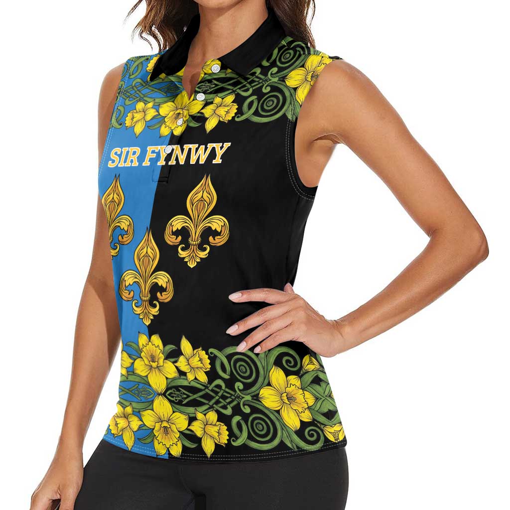 Personalized Monmouthshire Wales Women Sleeveless Polo Shirt Sir Fynwy Flag With Welsh Daffodil - Wonder Print Shop