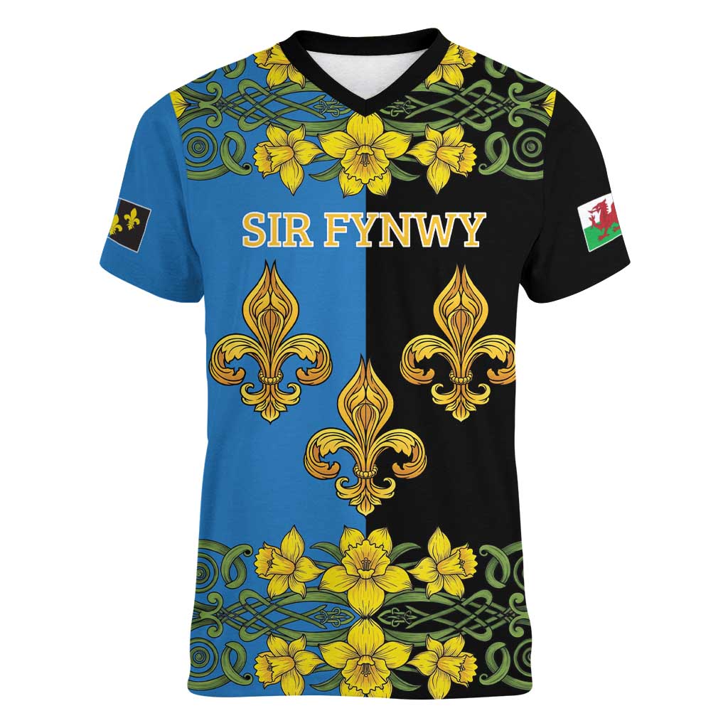 Personalized Monmouthshire Wales Women V-Neck T-Shirt Sir Fynwy Flag With Welsh Daffodil - Wonder Print Shop