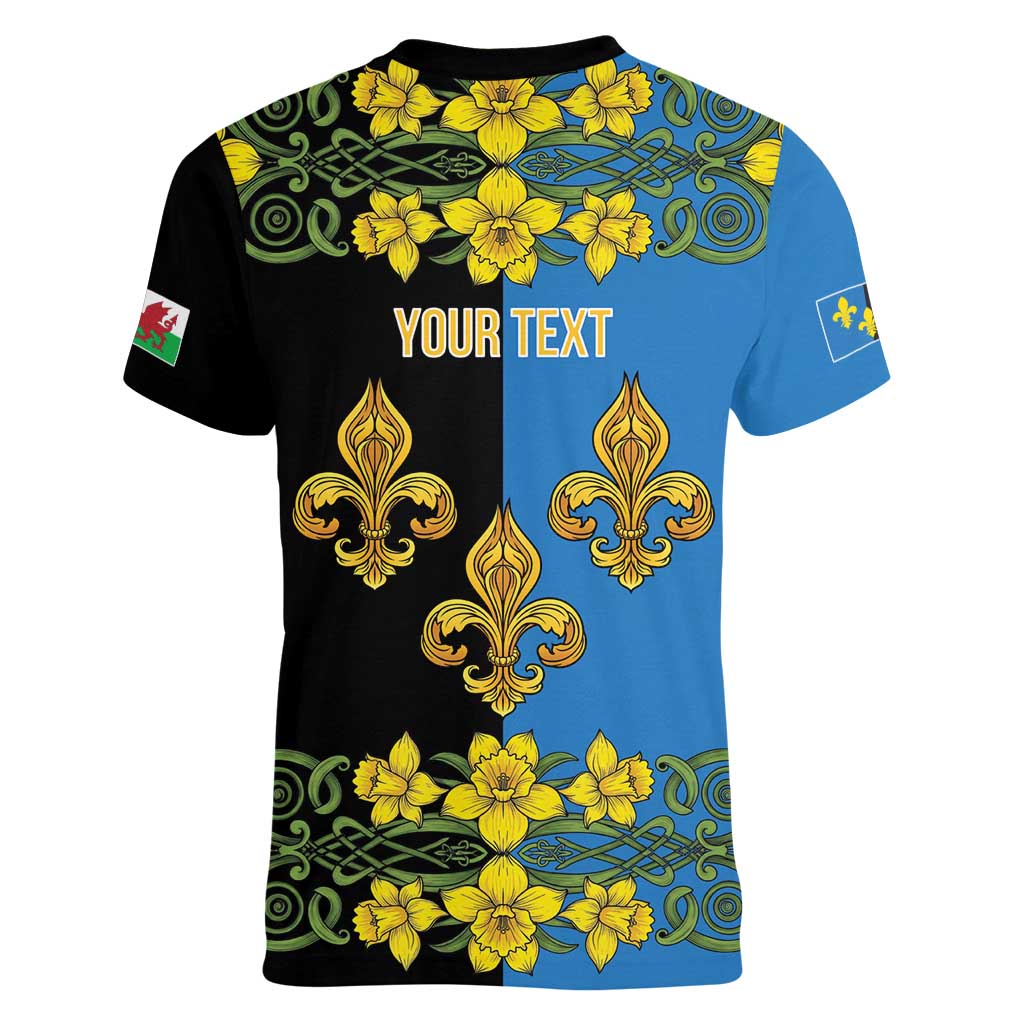 Personalized Monmouthshire Wales Women V-Neck T-Shirt Sir Fynwy Flag With Welsh Daffodil - Wonder Print Shop