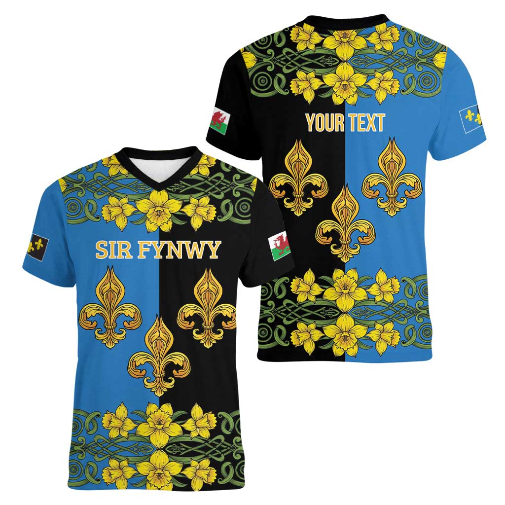 Personalized Monmouthshire Wales Women V-Neck T-Shirt Sir Fynwy Flag With Welsh Daffodil - Wonder Print Shop