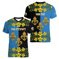 Personalized Monmouthshire Wales Women V-Neck T-Shirt Sir Fynwy Flag With Welsh Daffodil - Wonder Print Shop