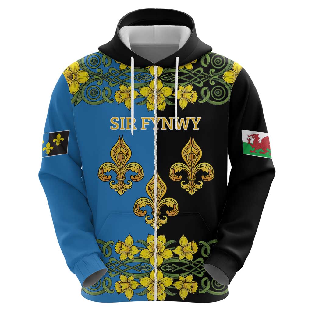 Personalized Monmouthshire Wales Zip Hoodie Sir Fynwy Flag With Welsh Daffodil - Wonder Print Shop