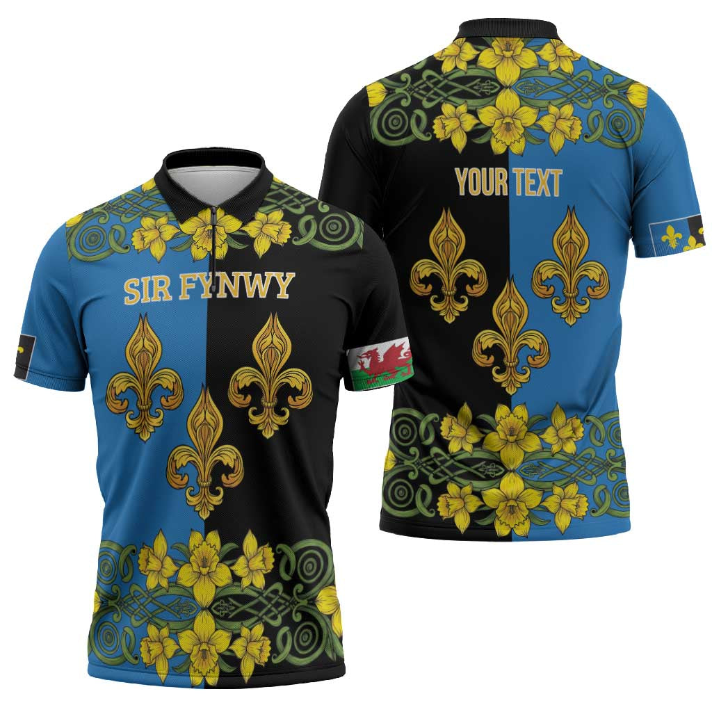 Personalized Monmouthshire Wales Zipper Polo Shirt Sir Fynwy Flag With Welsh Daffodil - Wonder Print Shop