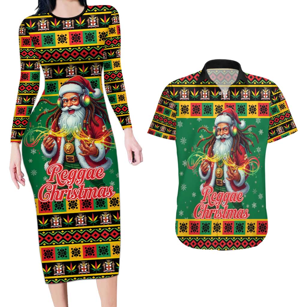 Jamaica Christmas Couples Matching Long Sleeve Bodycon Dress and Hawaiian Shirt Reggae Santa with Dreadlocks Design - Wonder Print Shop