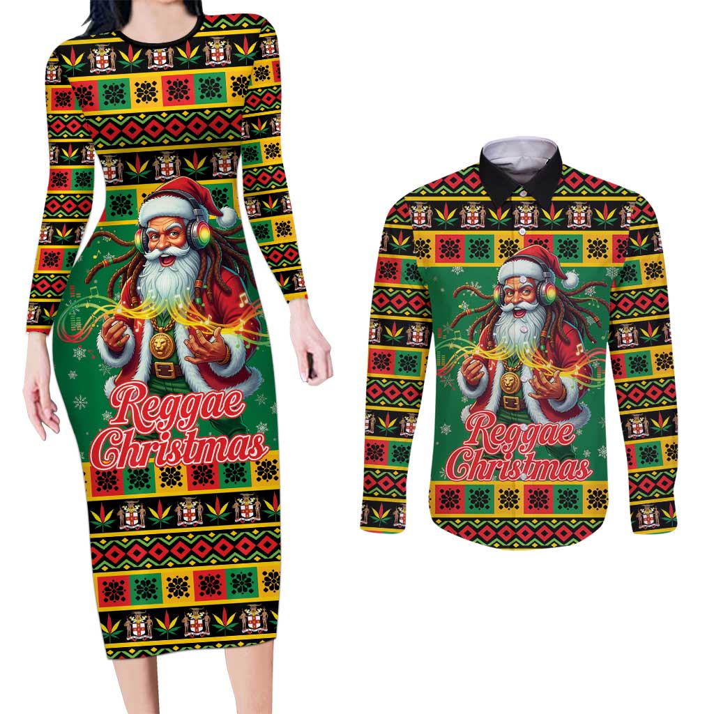 Jamaica Christmas Couples Matching Long Sleeve Bodycon Dress and Long Sleeve Button Shirt Reggae Santa with Dreadlocks Design - Wonder Print Shop