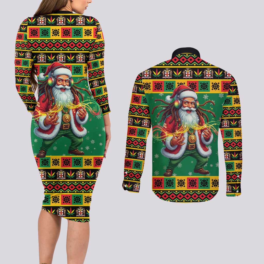 Jamaica Christmas Couples Matching Long Sleeve Bodycon Dress and Long Sleeve Button Shirt Reggae Santa with Dreadlocks Design - Wonder Print Shop