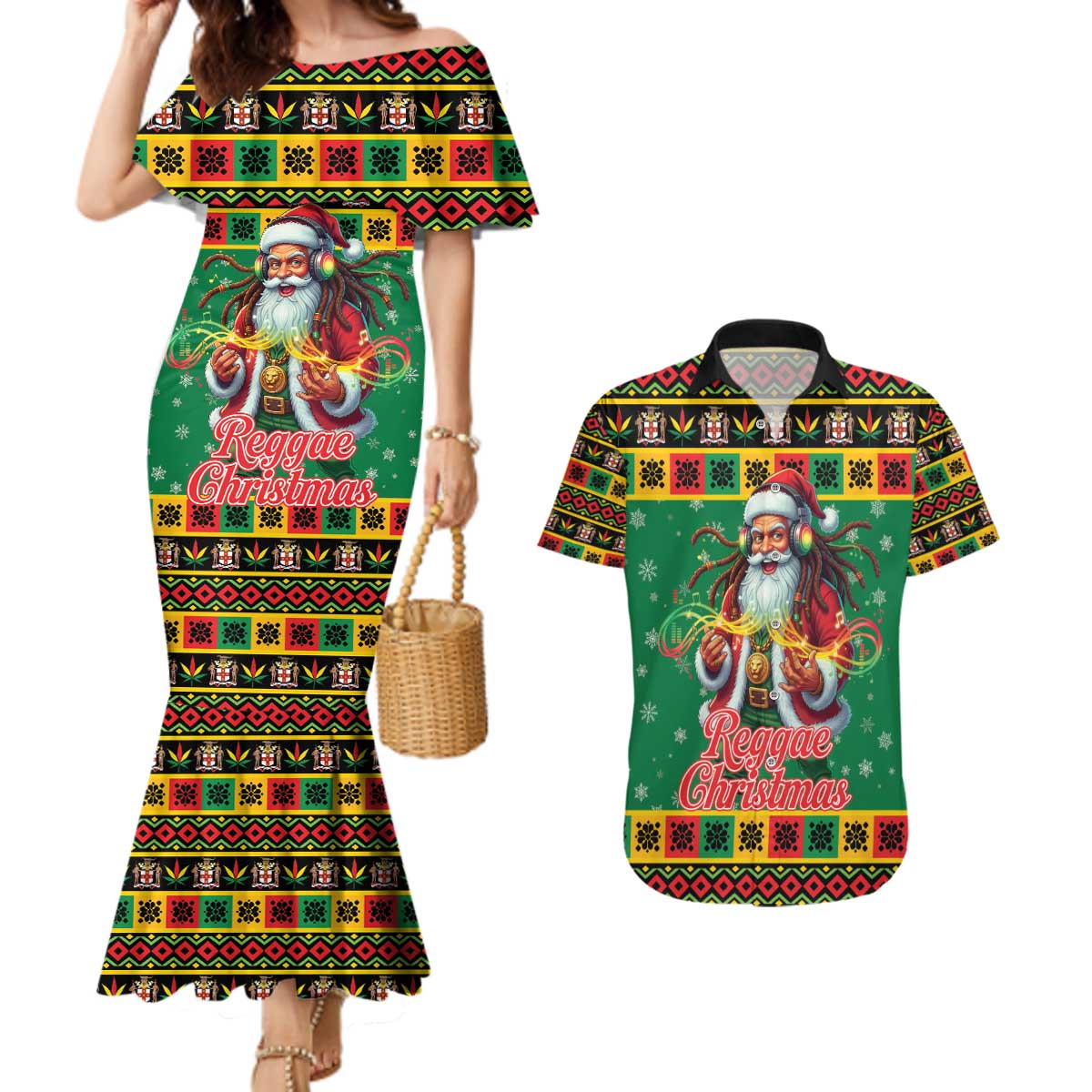 Jamaica Christmas Couples Matching Mermaid Dress and Hawaiian Shirt Reggae Santa with Dreadlocks Design - Wonder Print Shop