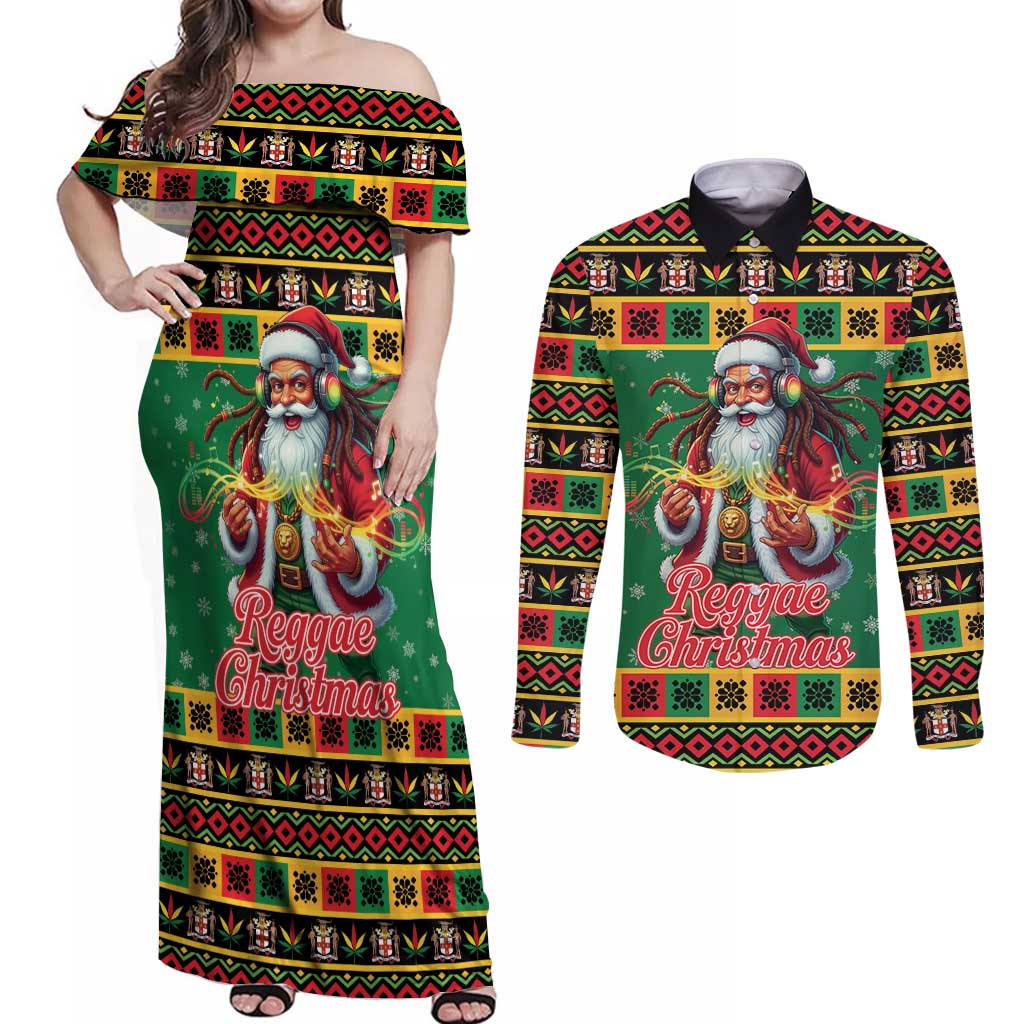 Jamaica Christmas Couples Matching Off Shoulder Maxi Dress and Long Sleeve Button Shirt Reggae Santa with Dreadlocks Design - Wonder Print Shop