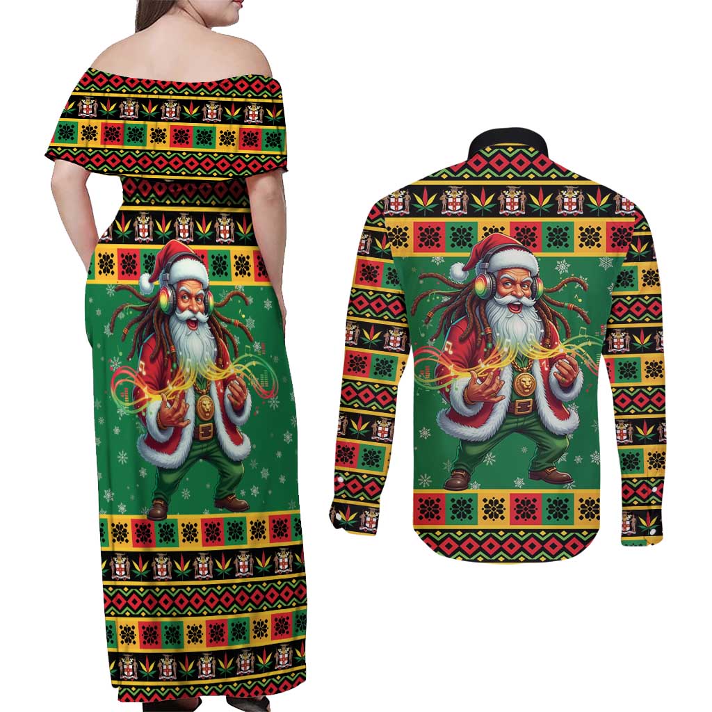 Jamaica Christmas Couples Matching Off Shoulder Maxi Dress and Long Sleeve Button Shirt Reggae Santa with Dreadlocks Design - Wonder Print Shop