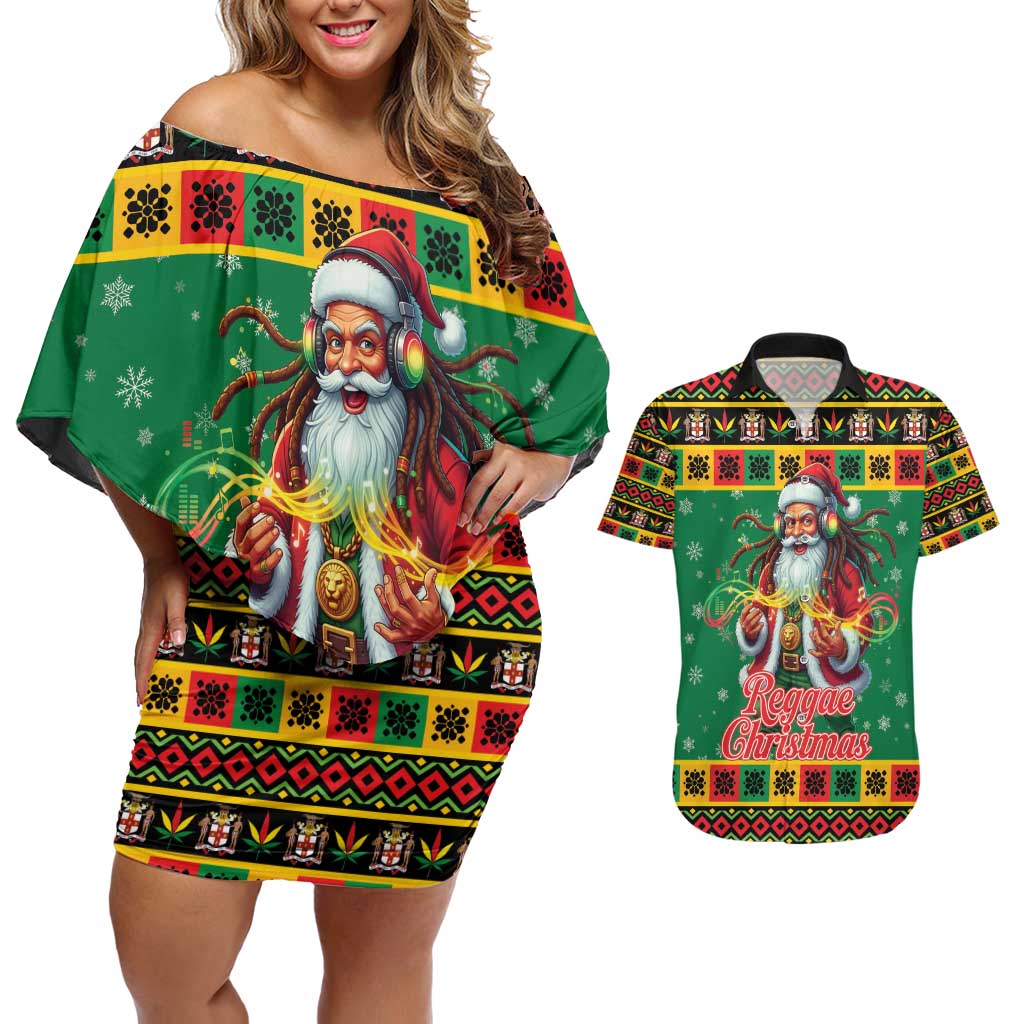 Jamaica Christmas Couples Matching Off Shoulder Short Dress and Hawaiian Shirt Reggae Santa with Dreadlocks Design - Wonder Print Shop