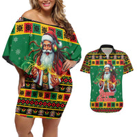Jamaica Christmas Couples Matching Off Shoulder Short Dress and Hawaiian Shirt Reggae Santa with Dreadlocks Design - Wonder Print Shop