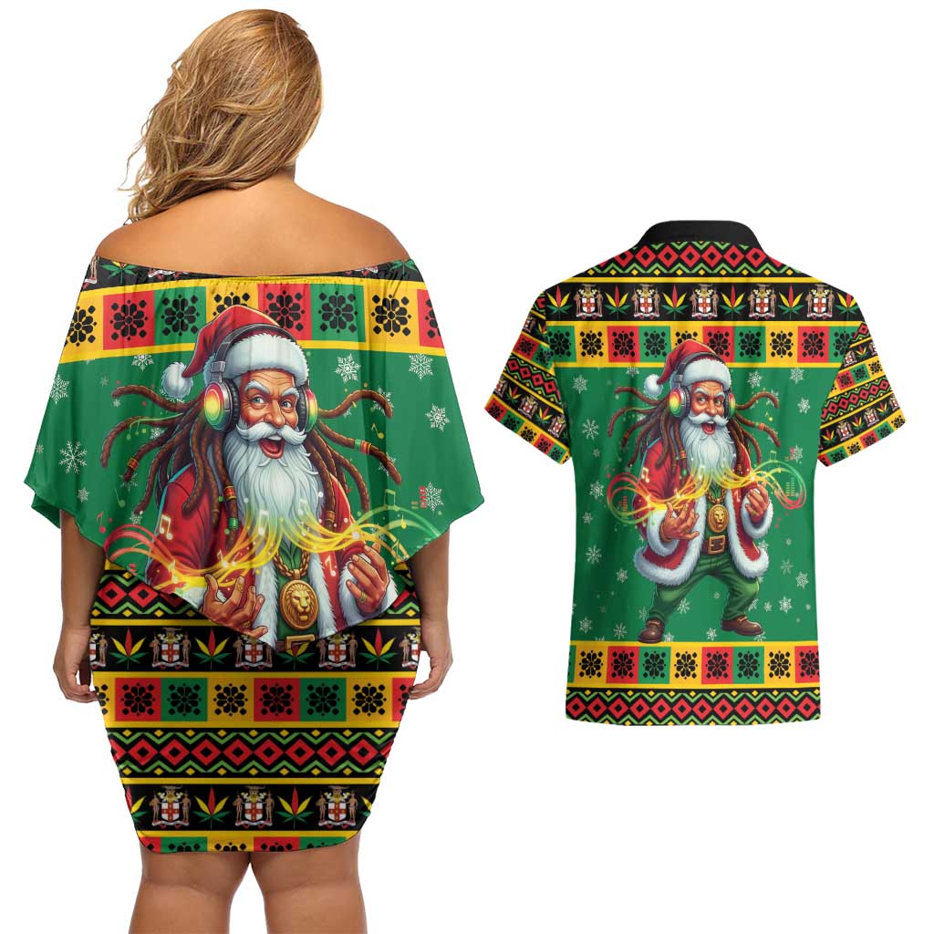 Jamaica Christmas Couples Matching Off Shoulder Short Dress and Hawaiian Shirt Reggae Santa with Dreadlocks Design - Wonder Print Shop