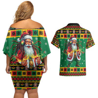 Jamaica Christmas Couples Matching Off Shoulder Short Dress and Hawaiian Shirt Reggae Santa with Dreadlocks Design - Wonder Print Shop
