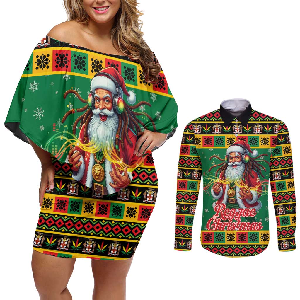 Jamaica Christmas Couples Matching Off Shoulder Short Dress and Long Sleeve Button Shirt Reggae Santa with Dreadlocks Design - Wonder Print Shop