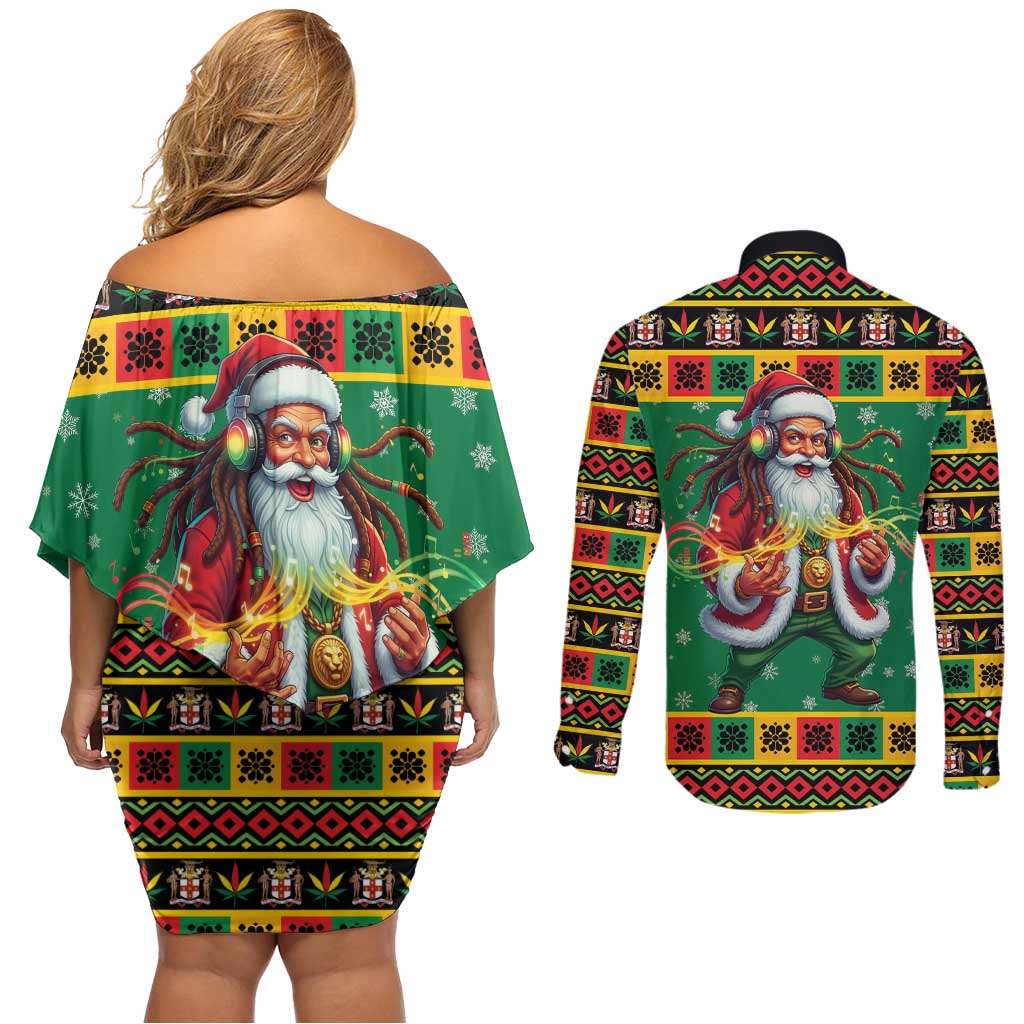 Jamaica Christmas Couples Matching Off Shoulder Short Dress and Long Sleeve Button Shirt Reggae Santa with Dreadlocks Design - Wonder Print Shop