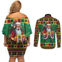 Jamaica Christmas Couples Matching Off Shoulder Short Dress and Long Sleeve Button Shirt Reggae Santa with Dreadlocks Design - Wonder Print Shop