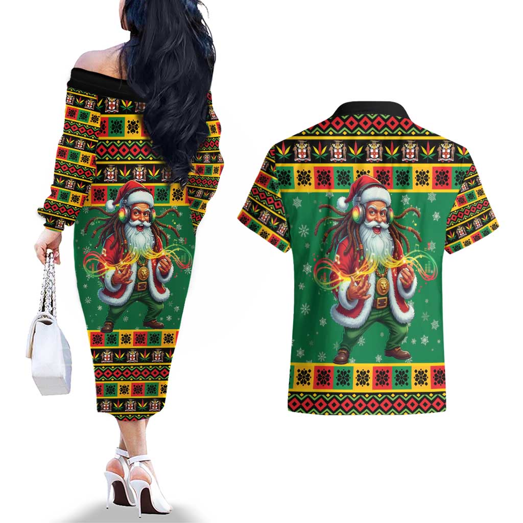 Jamaica Christmas Couples Matching Off The Shoulder Long Sleeve Dress and Hawaiian Shirt Reggae Santa with Dreadlocks Design - Wonder Print Shop